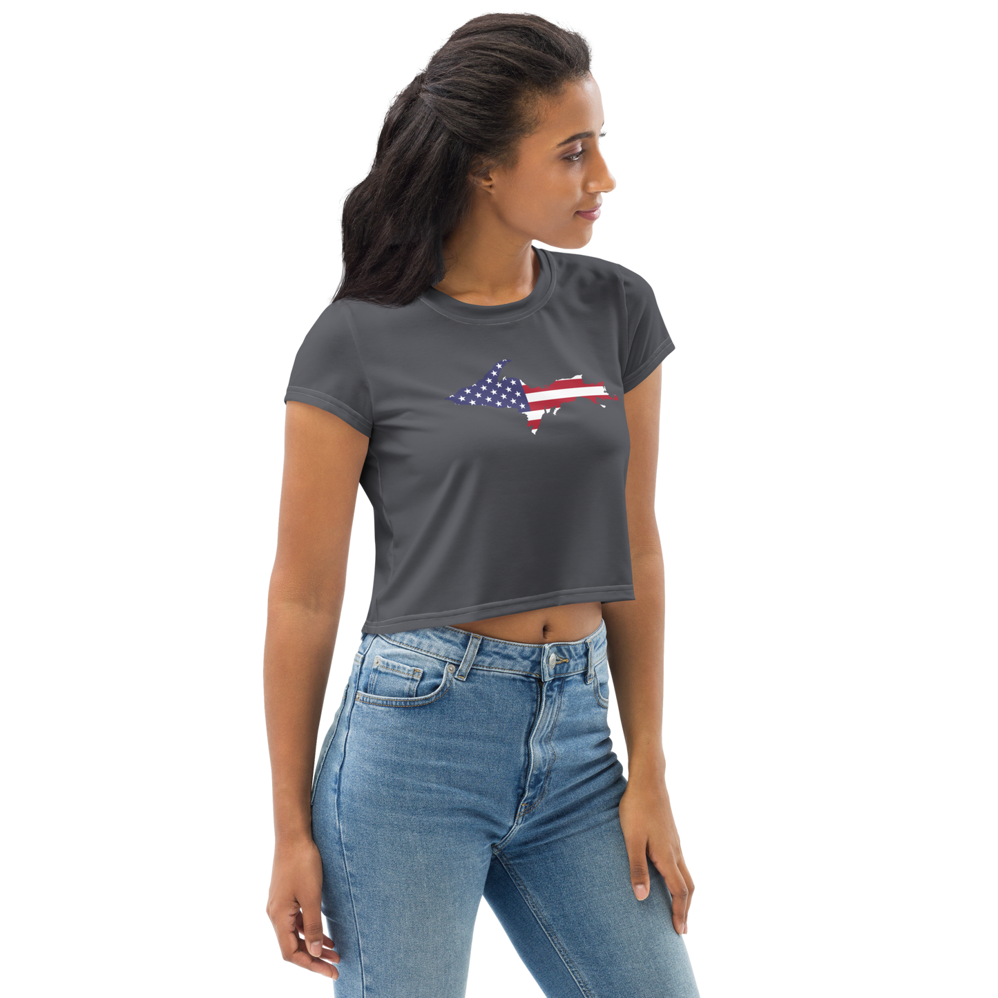 Michigan Upper Peninsula Crop Top (w/ UP USA Flag) | Sporty - Iron Ore Grey