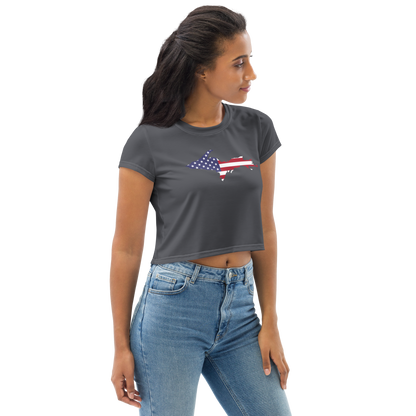 Michigan Upper Peninsula Crop Top (w/ UP USA Flag) | Sporty - Iron Ore Grey