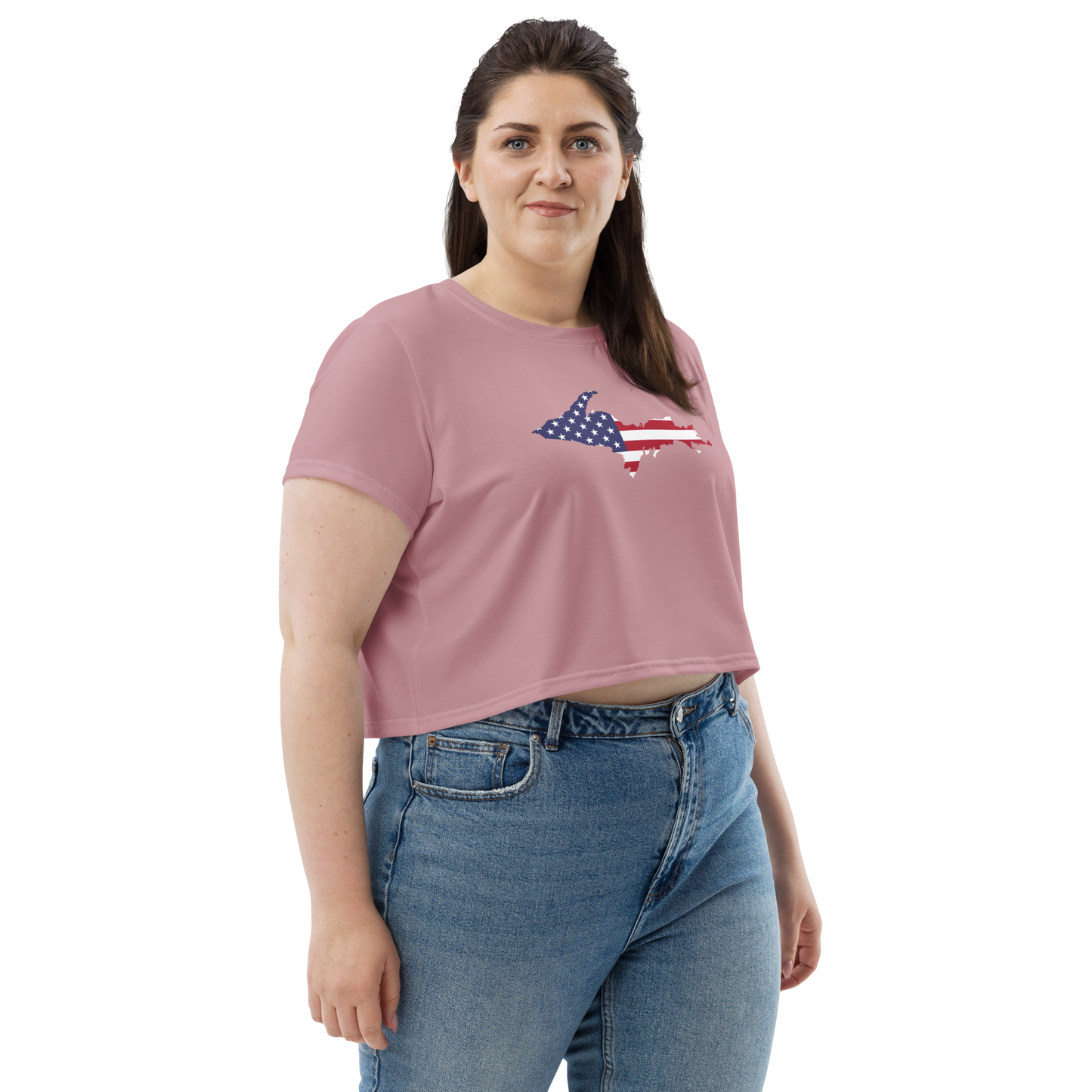 Michigan Upper Peninsula Crop Top (w/ UP USA Flag) | Sporty - Cherry Blossom Pink