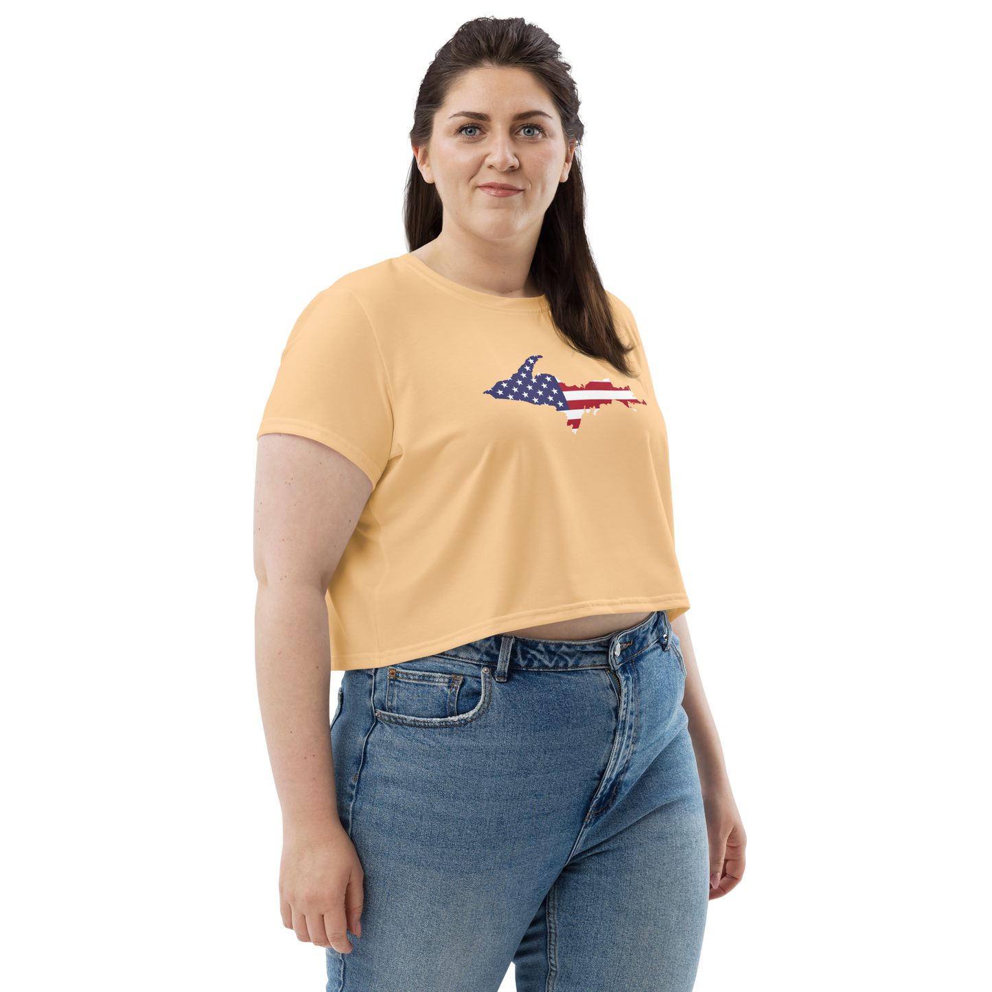 Michigan Upper Peninsula Crop Top (w/ UP USA Flag) | Sporty - Pale Apricot