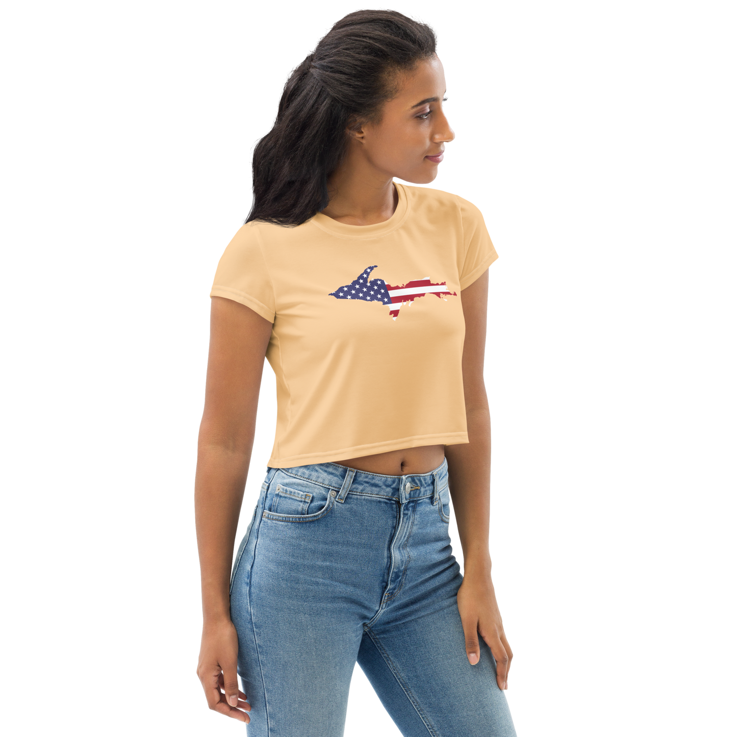 Michigan Upper Peninsula Crop Top (w/ UP USA Flag) | Sporty - Pale Apricot