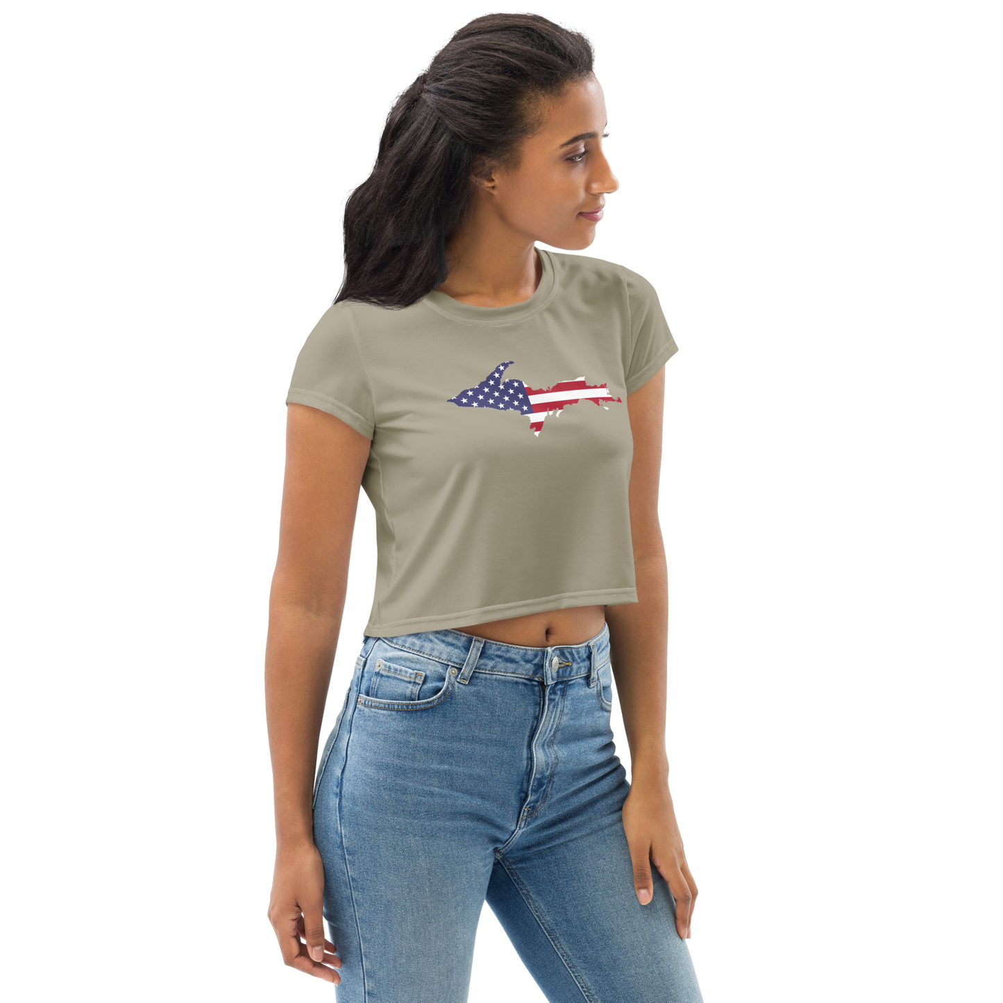 Michigan Upper Peninsula Crop Top (w/ UP USA Flag) | Sporty - Petoskey Stone Beige