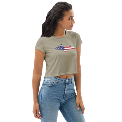 Michigan Upper Peninsula Crop Top (w/ UP USA Flag) | Sporty - Petoskey Stone Beige