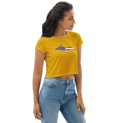 Michigan Upper Peninsula Crop Top (w/ UP USA Flag) | Sporty - Gold