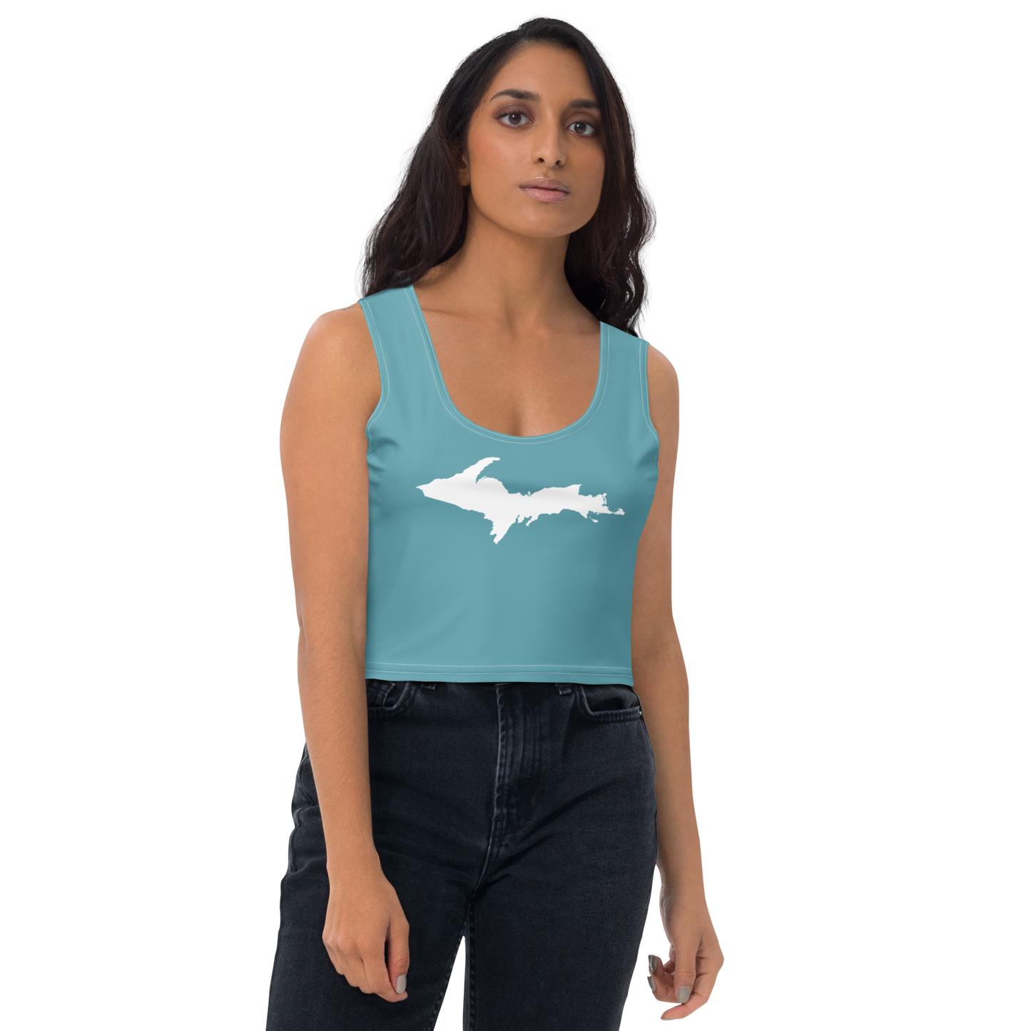 Michigan Upper Peninsula Crop Tank (w/ UP Outline) | Lake Huron Blue