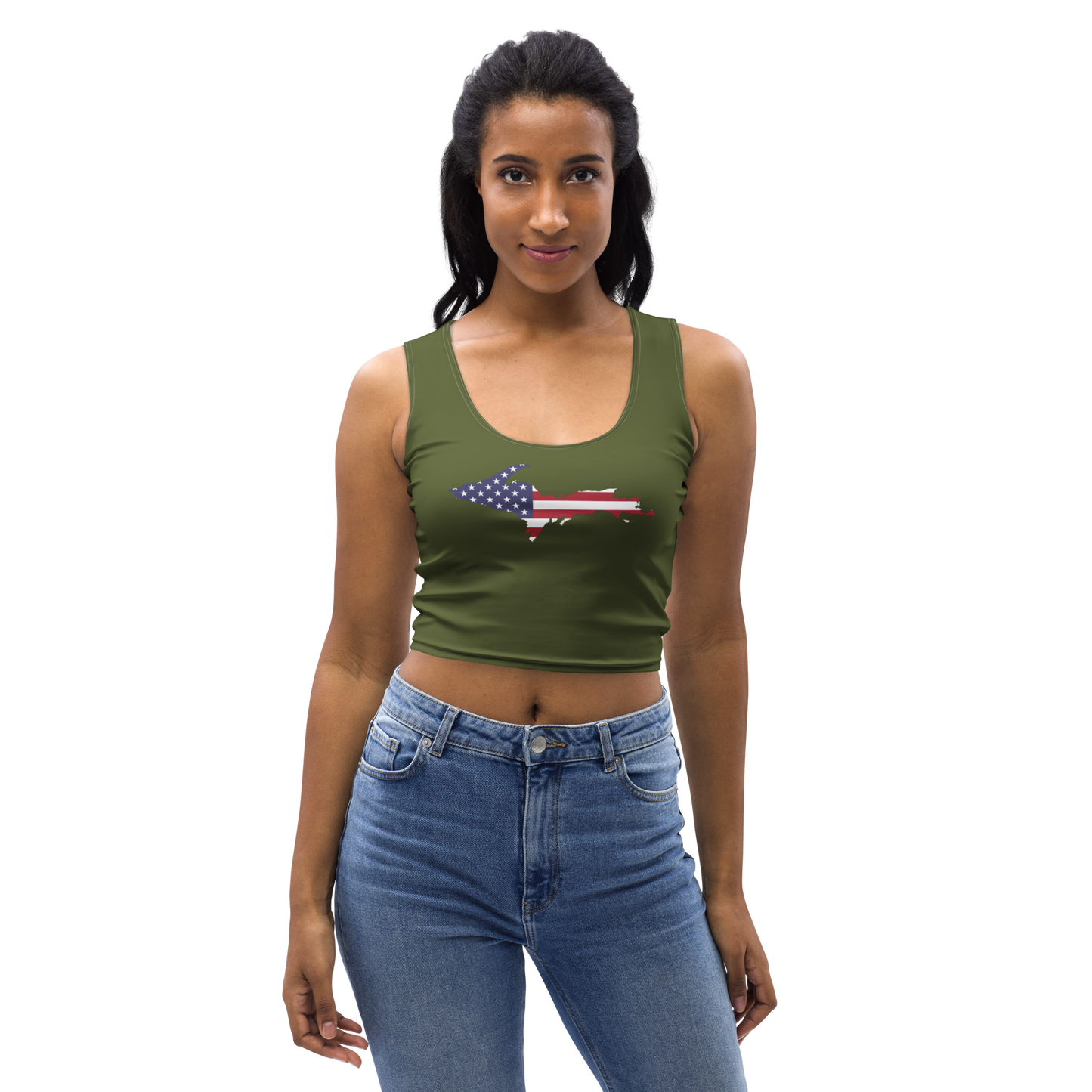 Michigan Upper Peninsula Crop Tank (w/ UP USA Flag) | Army Green