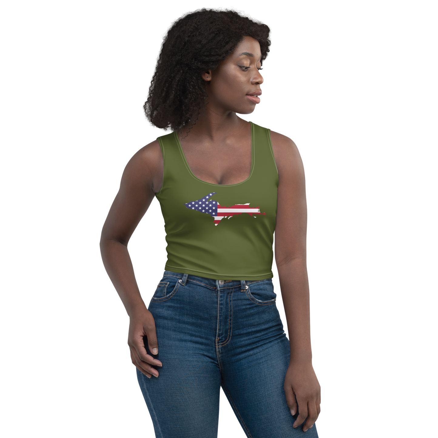 Michigan Upper Peninsula Crop Tank (w/ UP USA Flag) | Army Green