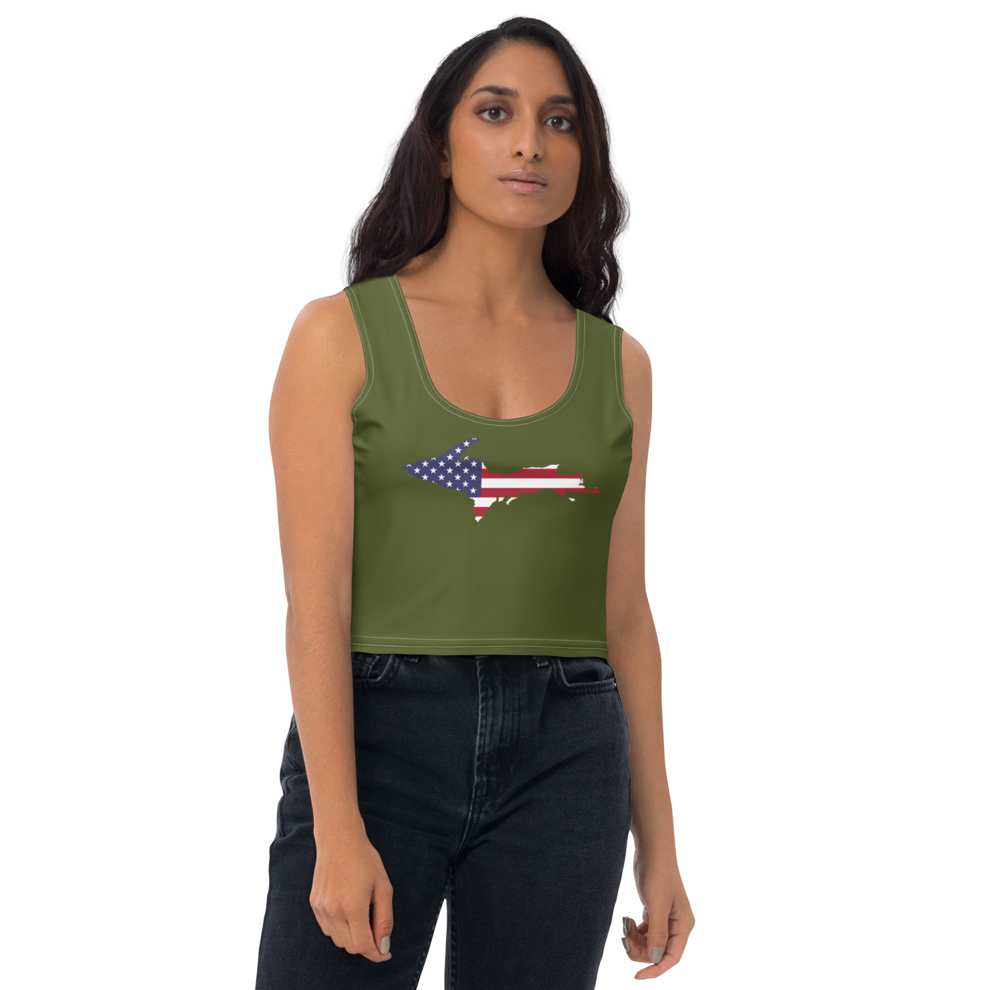 Michigan Upper Peninsula Crop Tank (w/ UP USA Flag) | Army Green