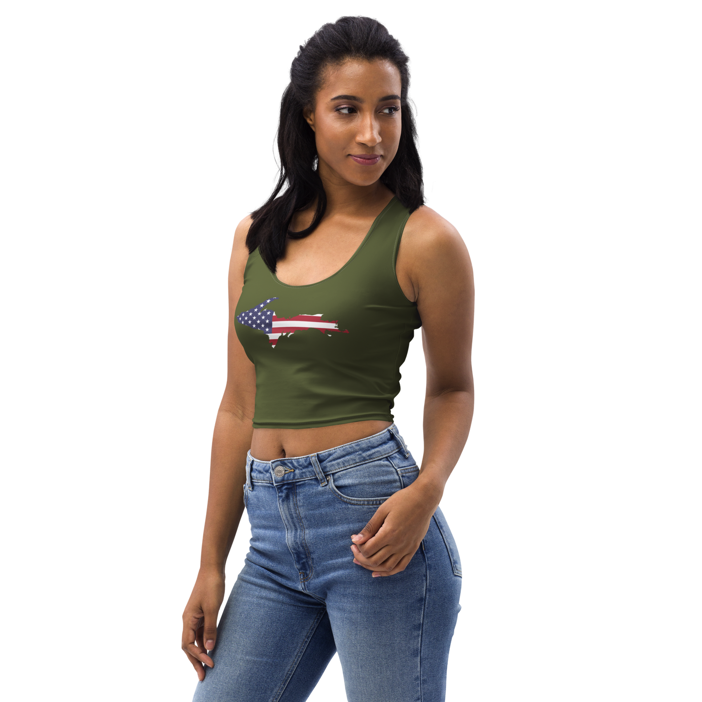 Michigan Upper Peninsula Crop Tank (w/ UP USA Flag) | Army Green