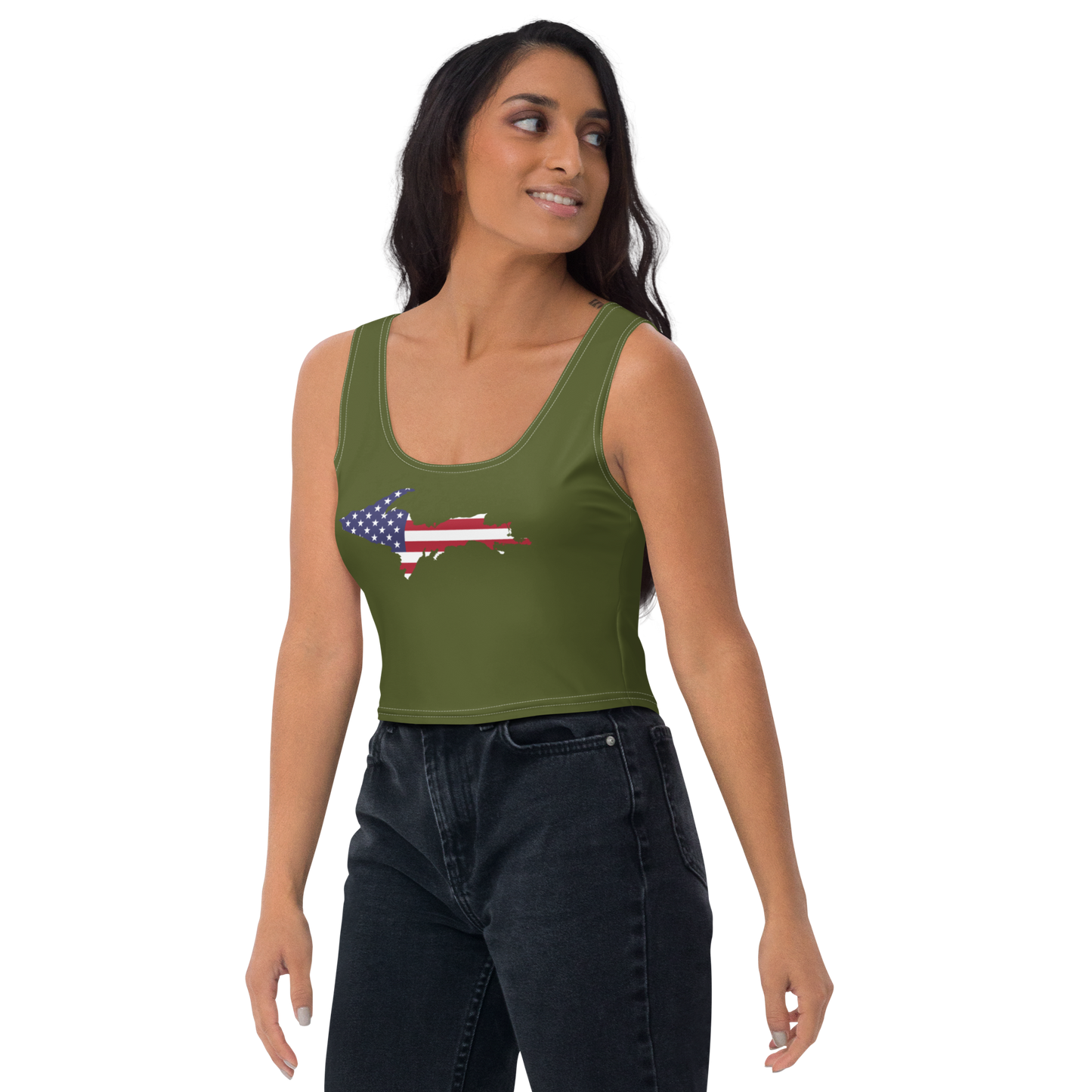 Michigan Upper Peninsula Crop Tank (w/ UP USA Flag) | Army Green