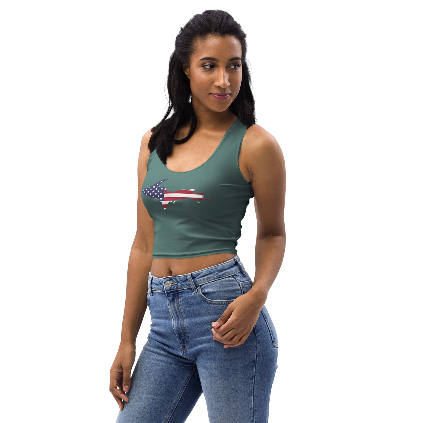 Michigan Upper Peninsula Crop Tank (w/ UP USA Flag) | Copper Green