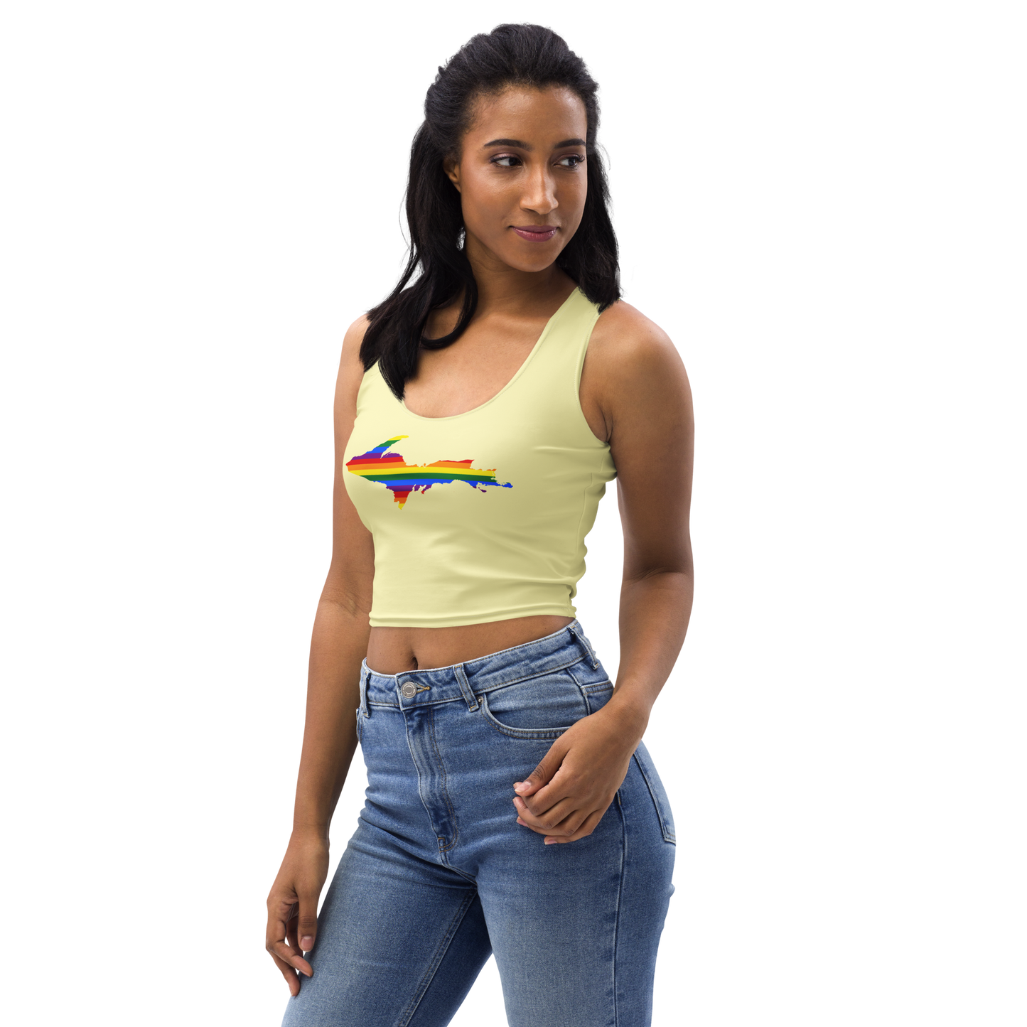 Michigan Upper Peninsula Crop Tank (w/ UP Rainbow Pride Flag) | Canary Yellow