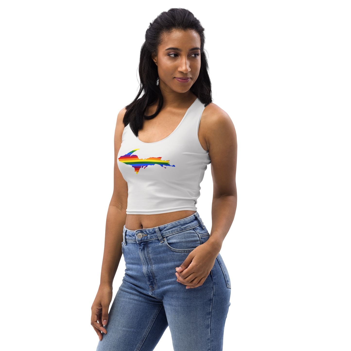 Michigan Upper Peninsula Crop Tank (w/ UP Rainbow Pride Flag) | Birch Bark White