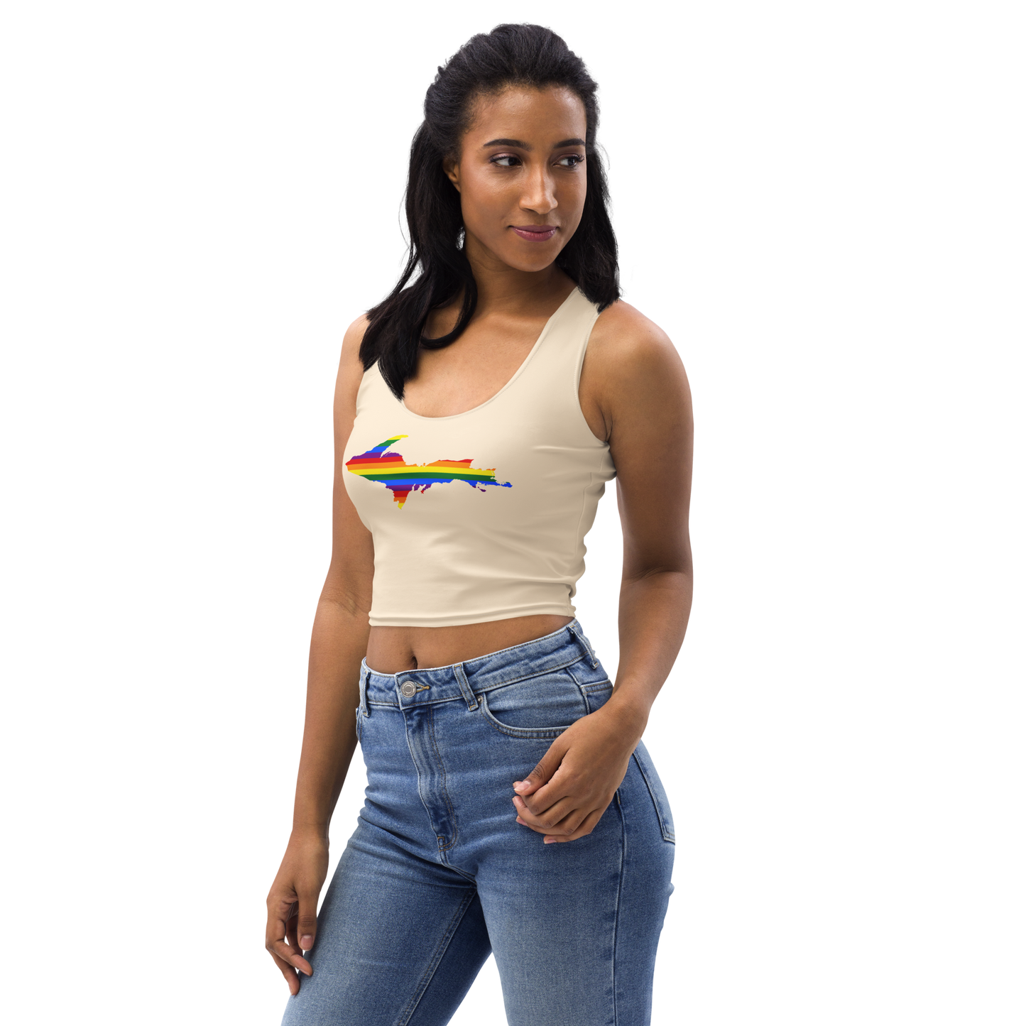 Michigan Upper Peninsula Crop Tank (w/ UP Rainbow Pride Flag) | Champagne White