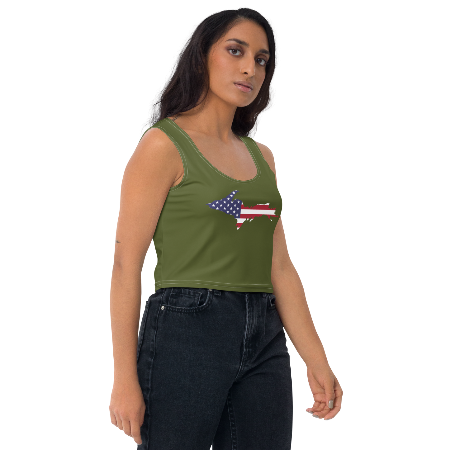 Michigan Upper Peninsula Crop Tank (w/ UP USA Flag) | Army Green