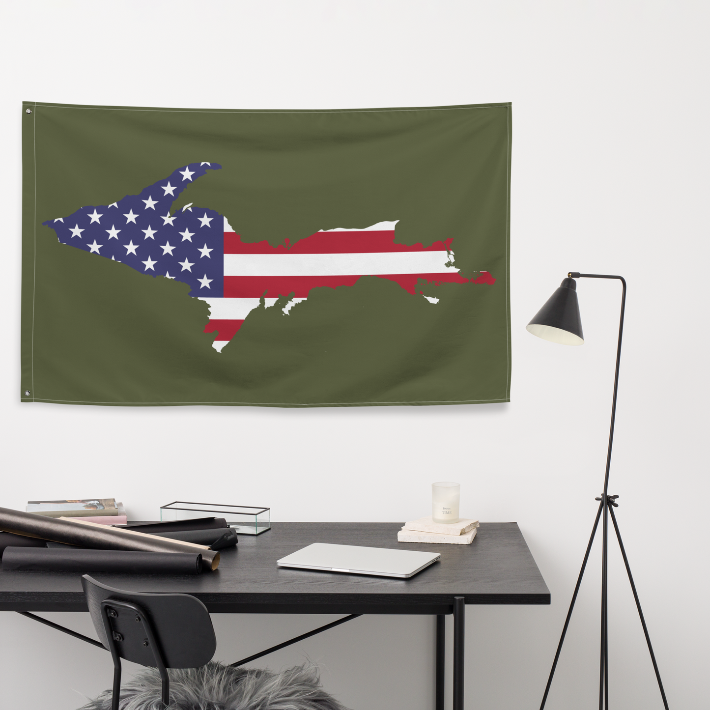 Michigan Upper Peninsula Wall Flag (w/ UP USA Flag Outline) | Army Green