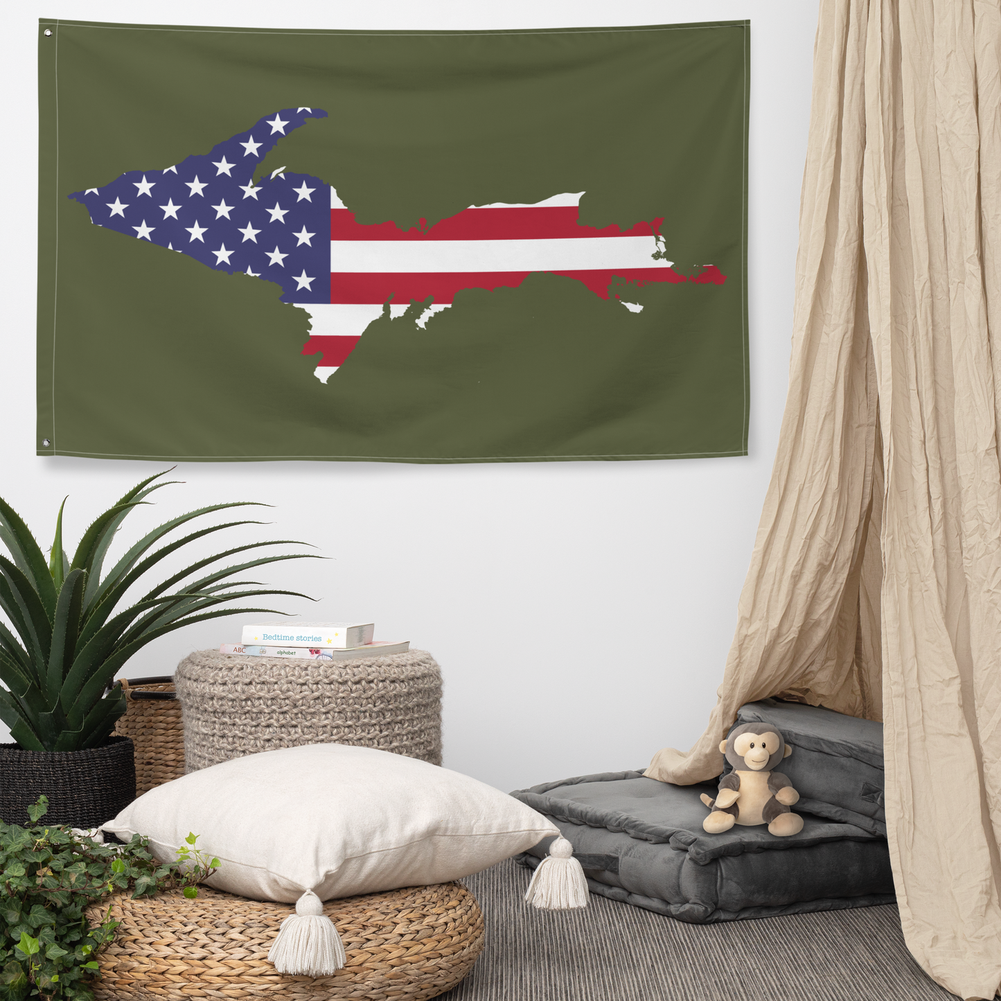 Michigan Upper Peninsula Wall Flag (w/ UP USA Flag Outline) | Army Green