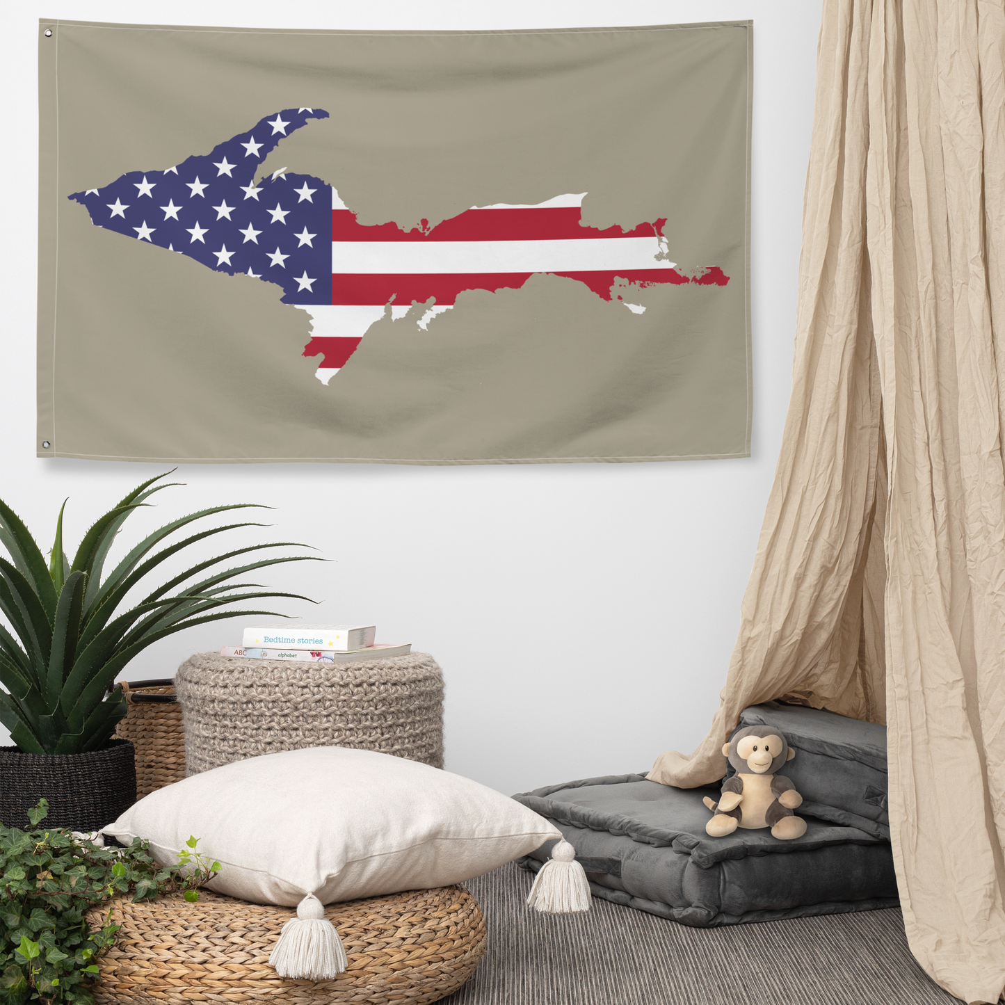 Michigan Upper Peninsula Wall Flag (w/ UP USA Flag) | Petoskey Stone Beige