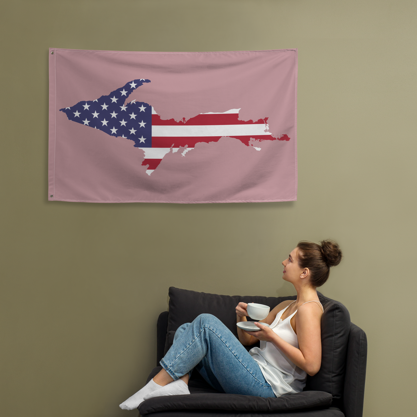 Michigan Upper Peninsula Wall Flag (w/ UP USA Flag) | Cherry Blossom Pink