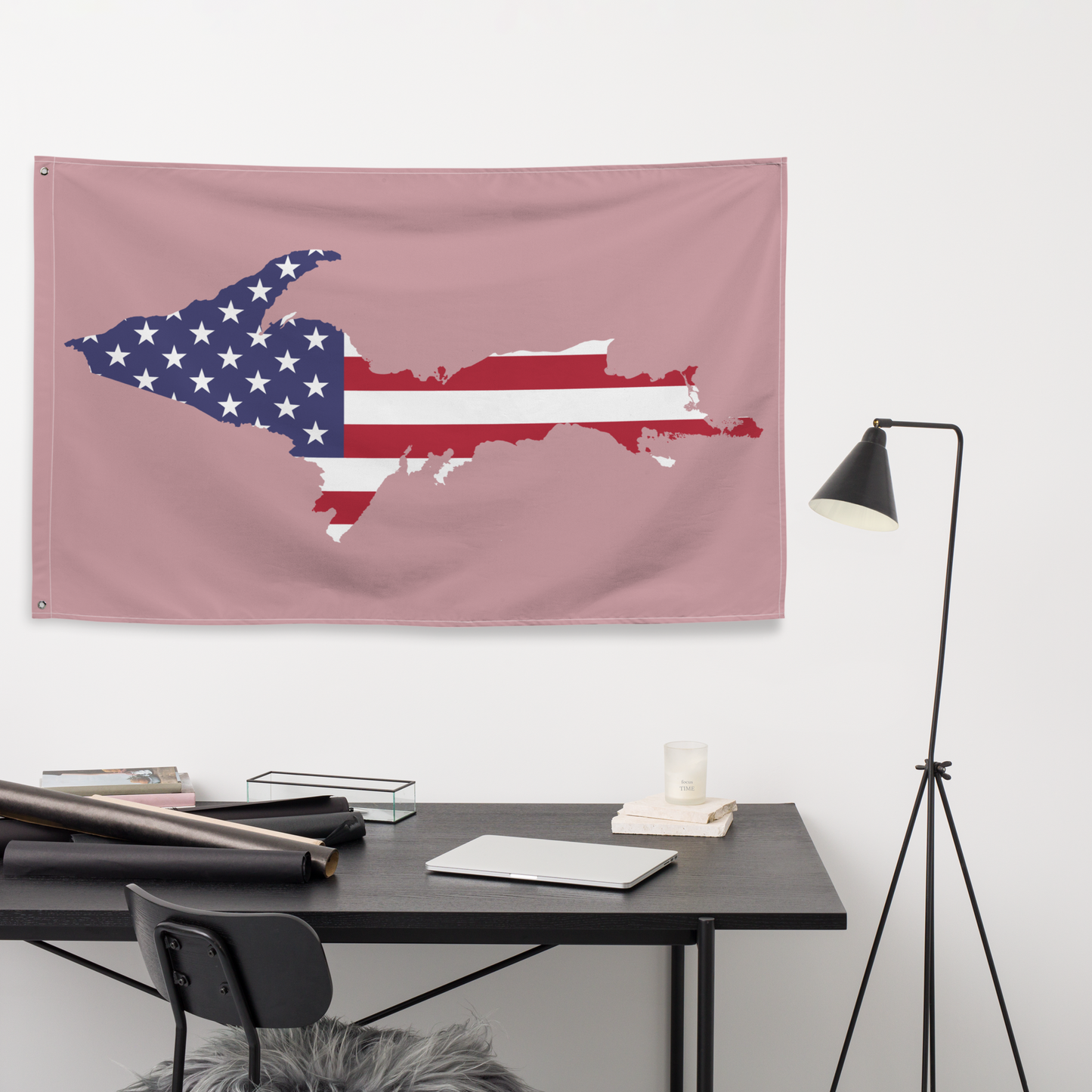 Michigan Upper Peninsula Wall Flag (w/ UP USA Flag) | Cherry Blossom Pink