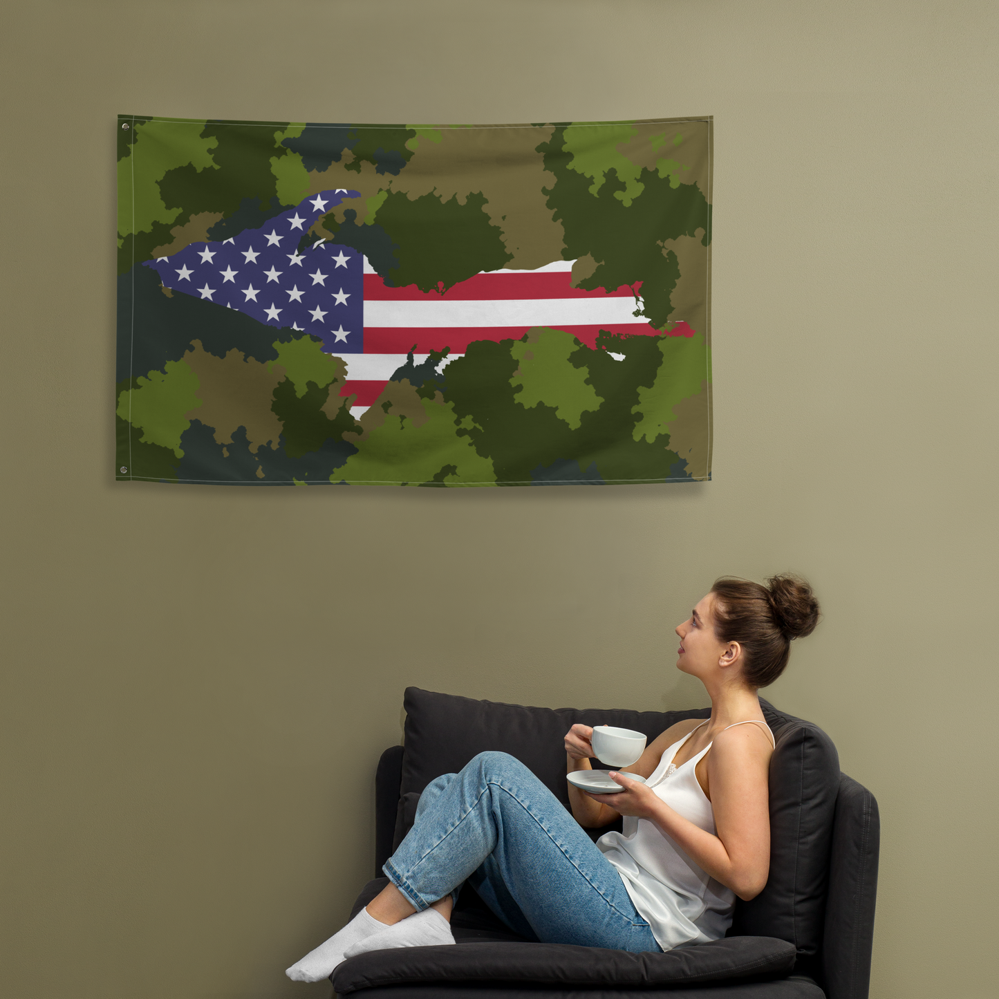 Michigan Upper Peninsula Wall Flag (w/ UP USA Flag) | Woodland Camo