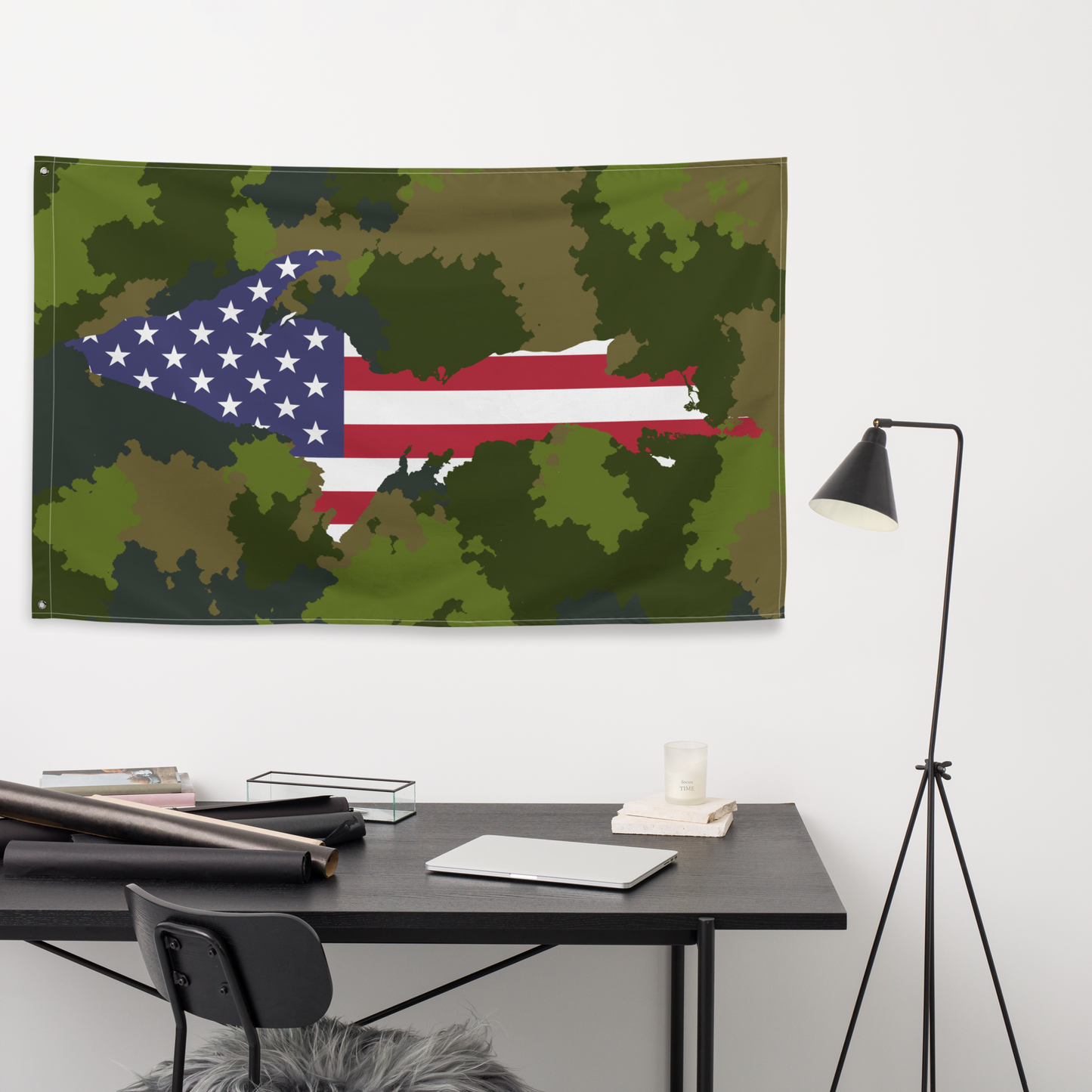 Michigan Upper Peninsula Wall Flag (w/ UP USA Flag) | Woodland Camo