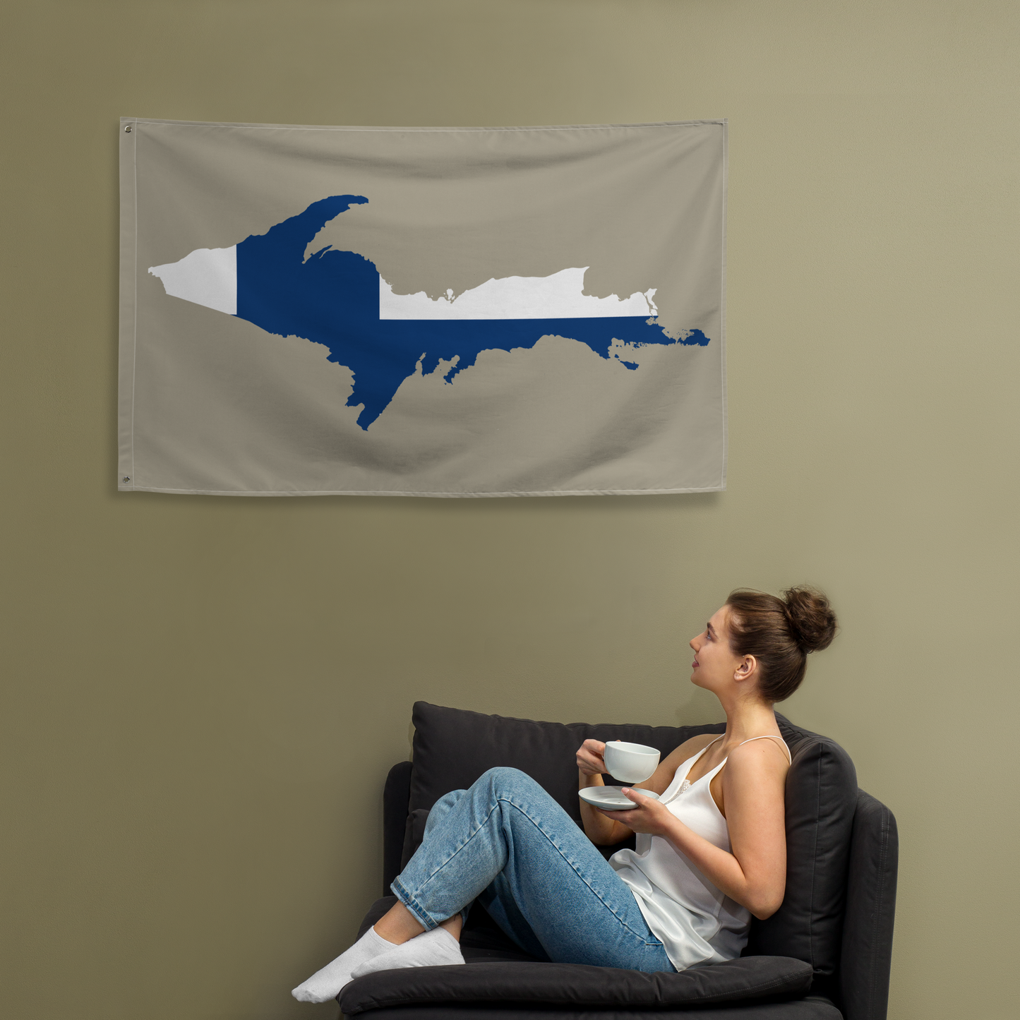 Michigan Upper Peninsula Wall Flag (w/ UP Finland Flag) | Petoskey Stone Beige