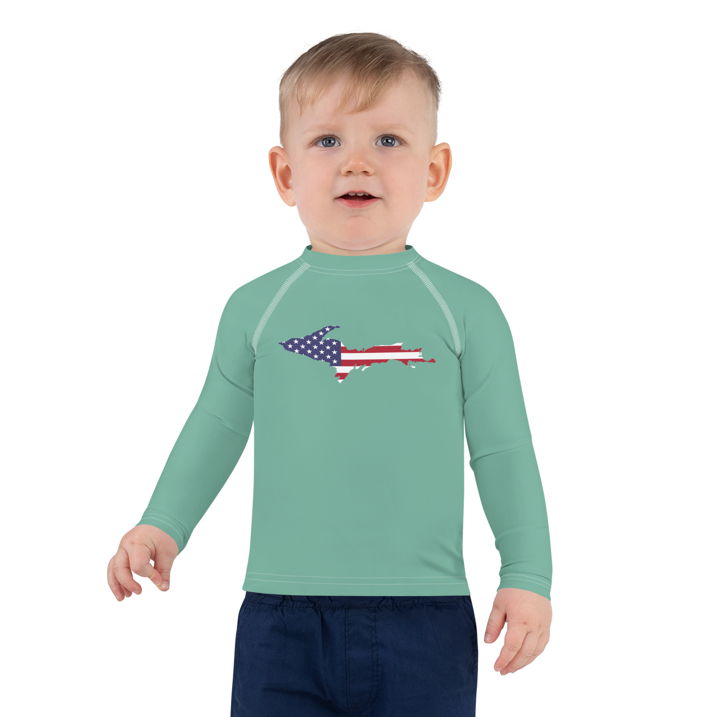 Michigan Upper Peninsula Rash Guard (w/ UP USA Flag) | Toddler - Metallic Mint Green