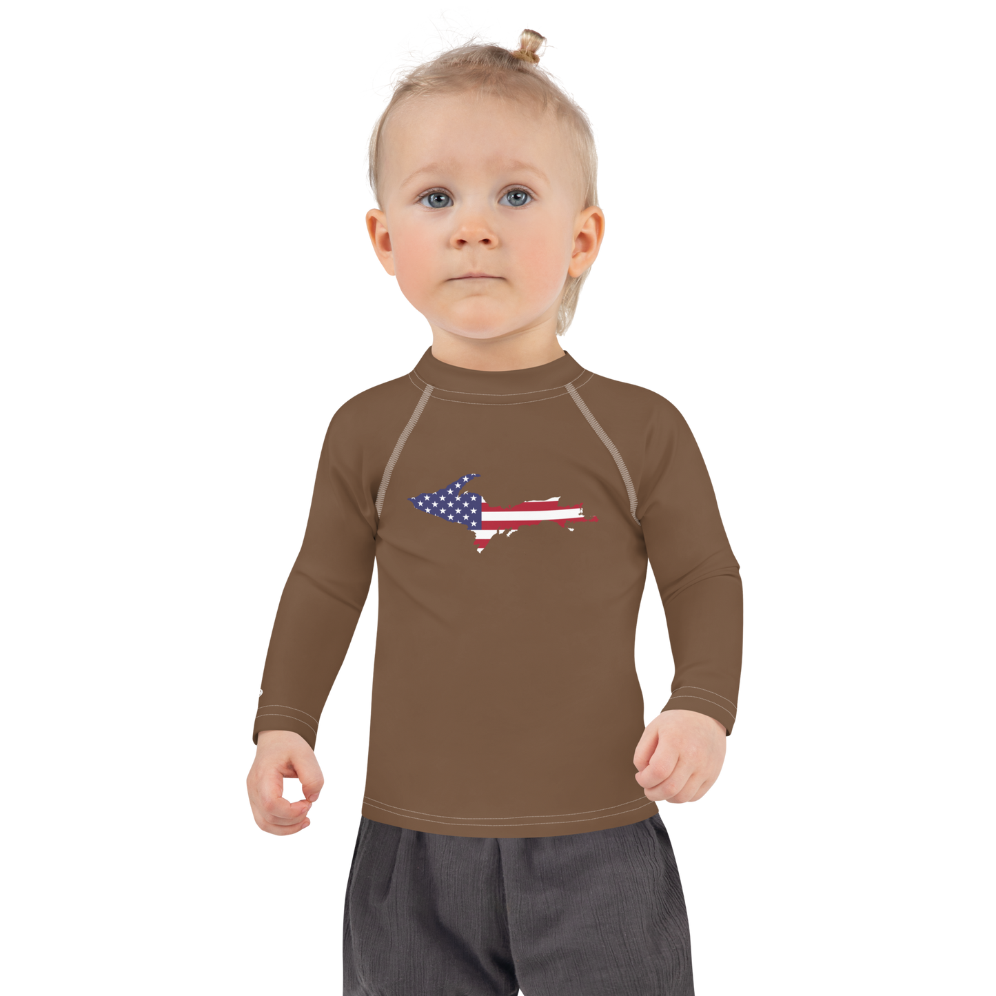 Michigan Upper Peninsula Rash Guard (w/ UP USA Flag) | Toddler - Coffee Color