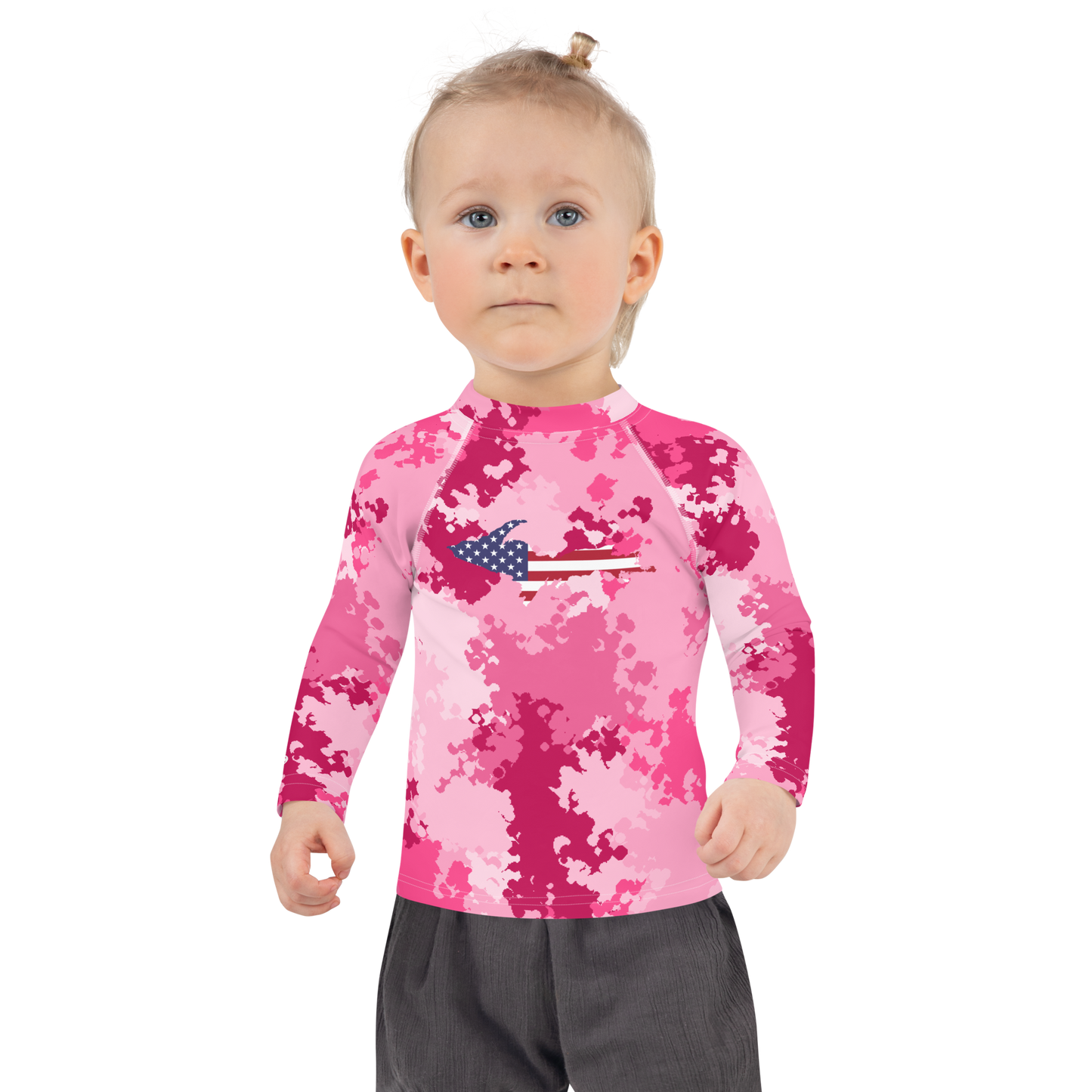 Michigan Upper Peninsula Rash Guard (w/ UP USA Flag) | Toddler - Pink Camo