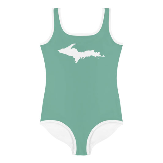 Michigan Upper Peninsula Toddler Swimsuit (w/ UP Outline) | Metallic Mint Green