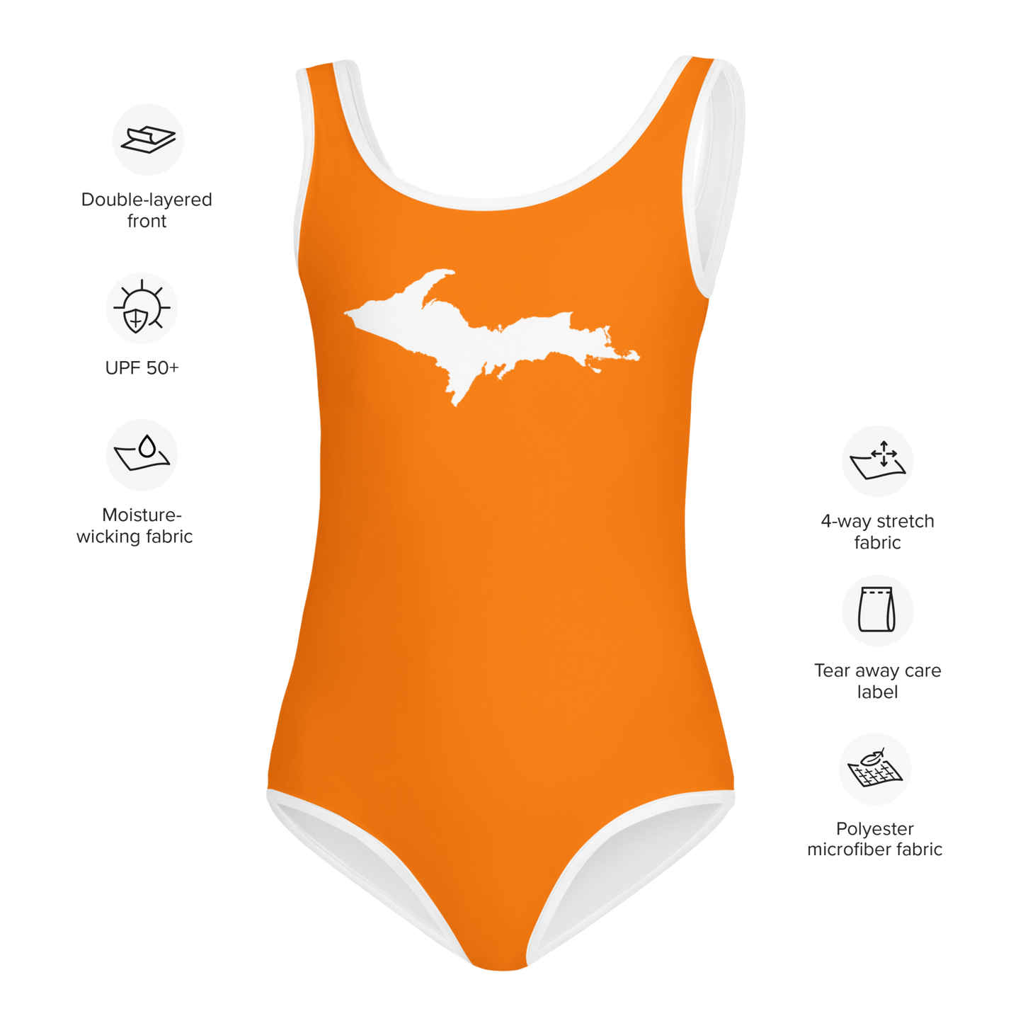 Michigan Upper Peninsula Toddler Swimsuit (w/ UP Outline) | Safety Orange