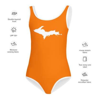 Michigan Upper Peninsula Toddler Swimsuit (w/ UP Outline) | Safety Orange