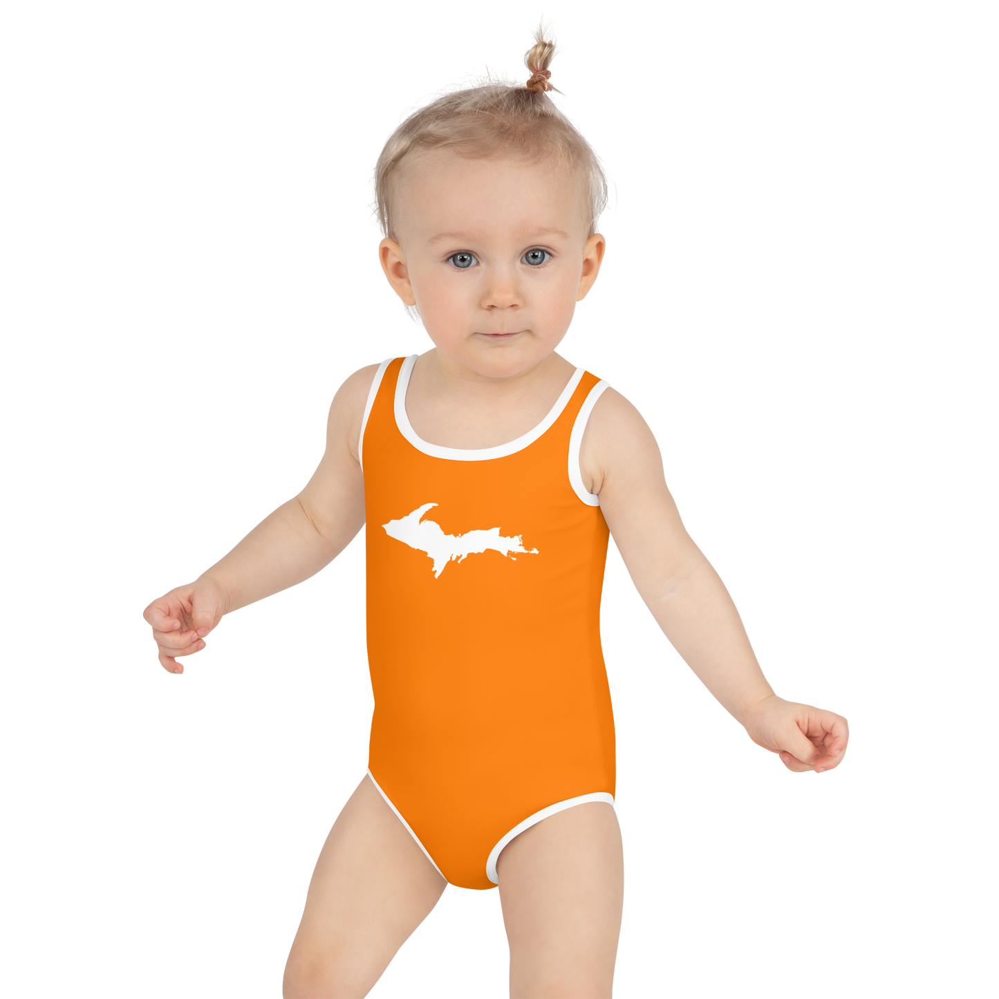 Michigan Upper Peninsula Toddler Swimsuit (w/ UP Outline) | Safety Orange