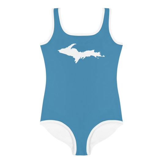 Michigan Upper Peninsula Toddler Swimsuit (w/ UP Outline) | Lake Michigan Blue