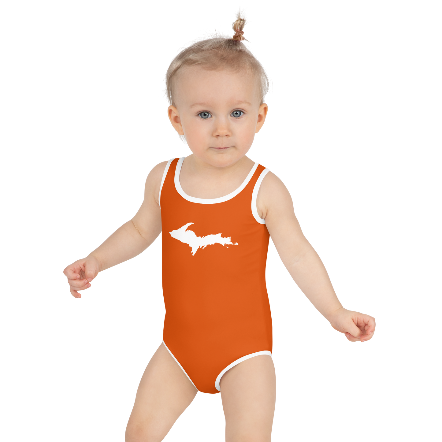 Michigan Upper Peninsula Toddler Swimsuit (w/ UP Outline) | Maple Leaf Orange