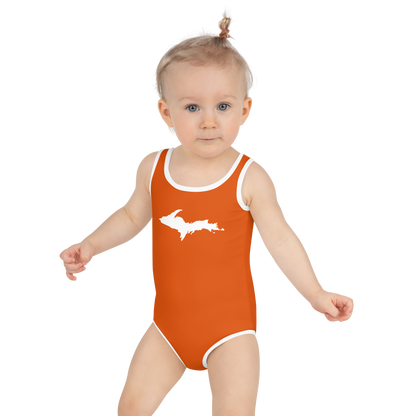 Michigan Upper Peninsula Toddler Swimsuit (w/ UP Outline) | Maple Leaf Orange