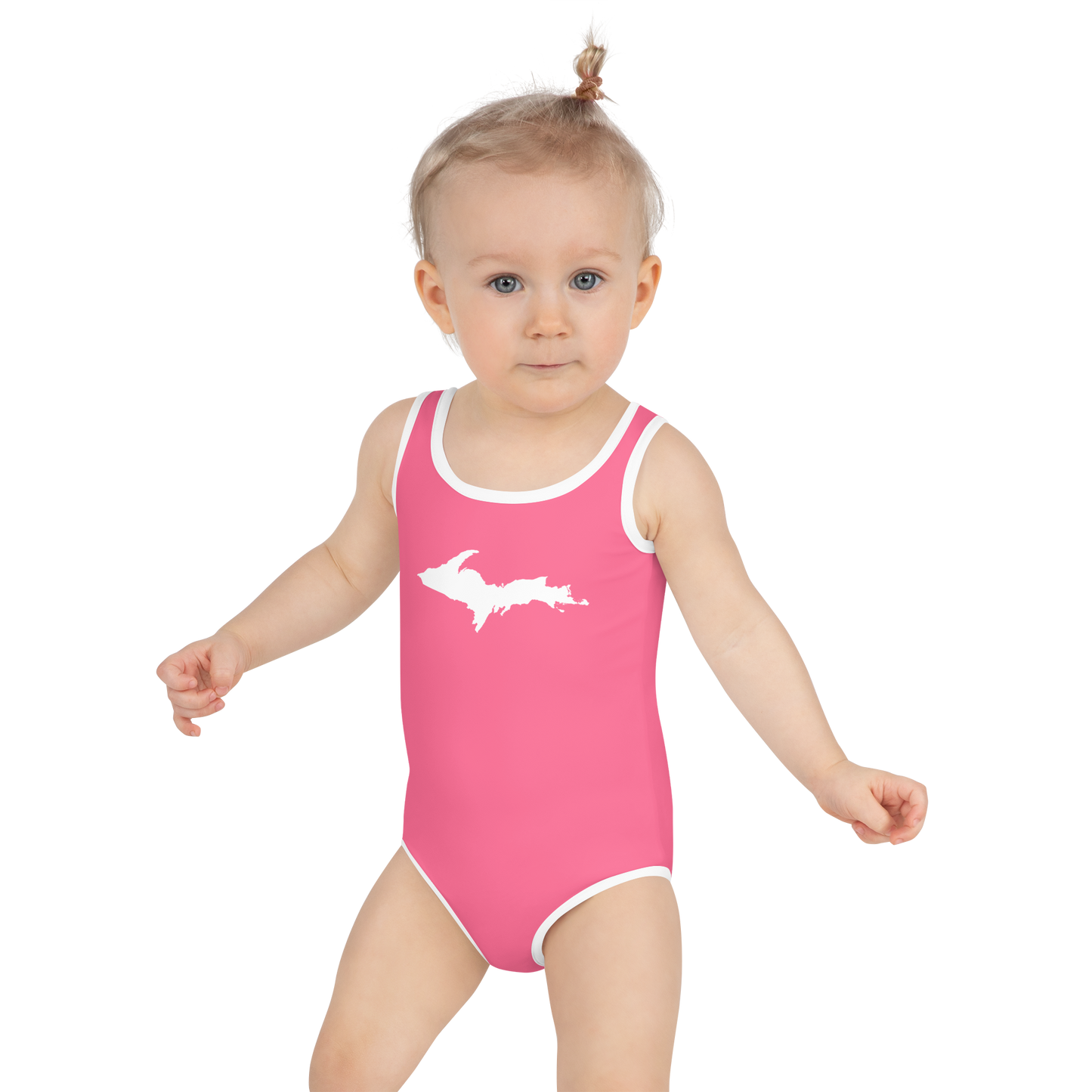 Michigan Upper Peninsula Toddler Swimsuit (w/ UP Outline) | Rhodochrosite Pink