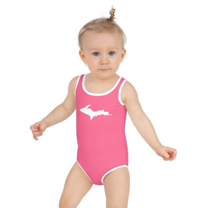 Michigan Upper Peninsula Toddler Swimsuit (w/ UP Outline) | Rhodochrosite Pink