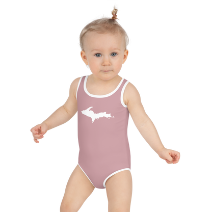 Michigan Upper Peninsula Toddler Swimsuit (w/ UP Outline) | Cherry Blossom Pink