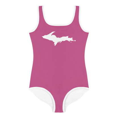 Michigan Upper Peninsula Toddler Swimsuit (w/ UP Outline) | Apple Blossom Pink