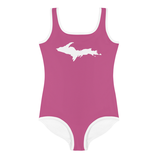 Michigan Upper Peninsula Toddler Swimsuit (w/ UP Outline) | Apple Blossom Pink