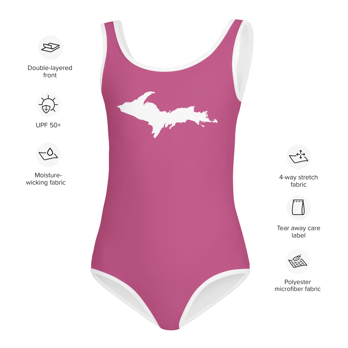 Michigan Upper Peninsula Toddler Swimsuit (w/ UP Outline) | Apple Blossom Pink