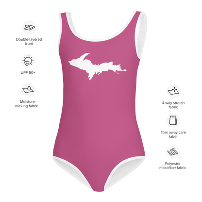 Michigan Upper Peninsula Toddler Swimsuit (w/ UP Outline) | Apple Blossom Pink