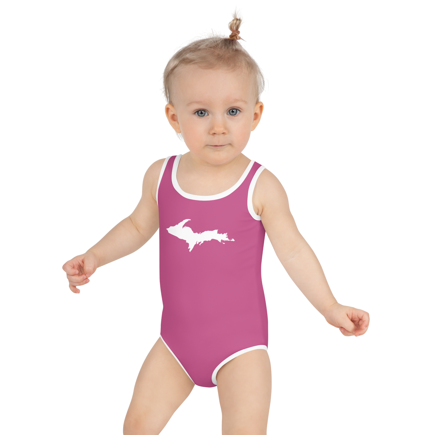 Michigan Upper Peninsula Toddler Swimsuit (w/ UP Outline) | Apple Blossom Pink