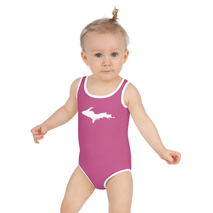 Michigan Upper Peninsula Toddler Swimsuit (w/ UP Outline) | Apple Blossom Pink