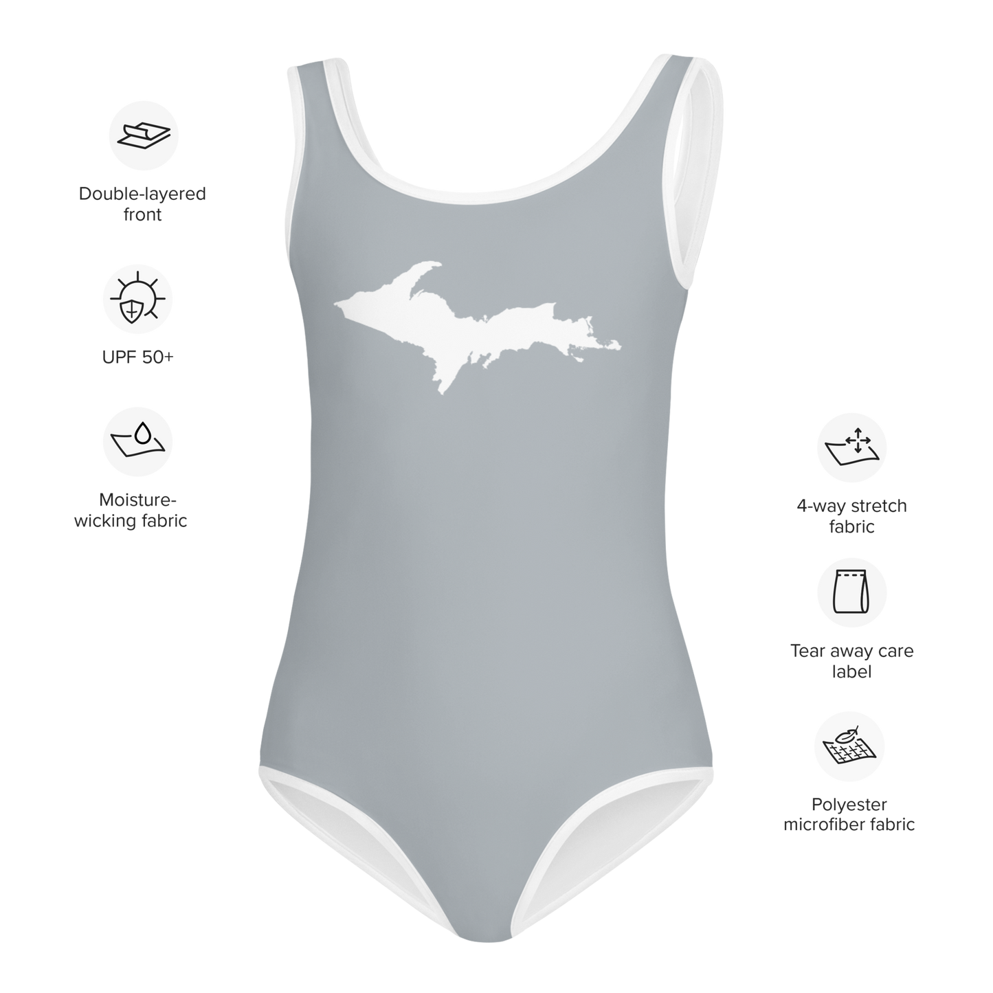 Michigan Upper Peninsula Toddler Swimsuit (w/ UP Outline) | Silver