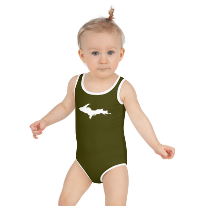 Michigan Upper Peninsula Toddler Swimsuit (w/ UP Outline) | Military Green