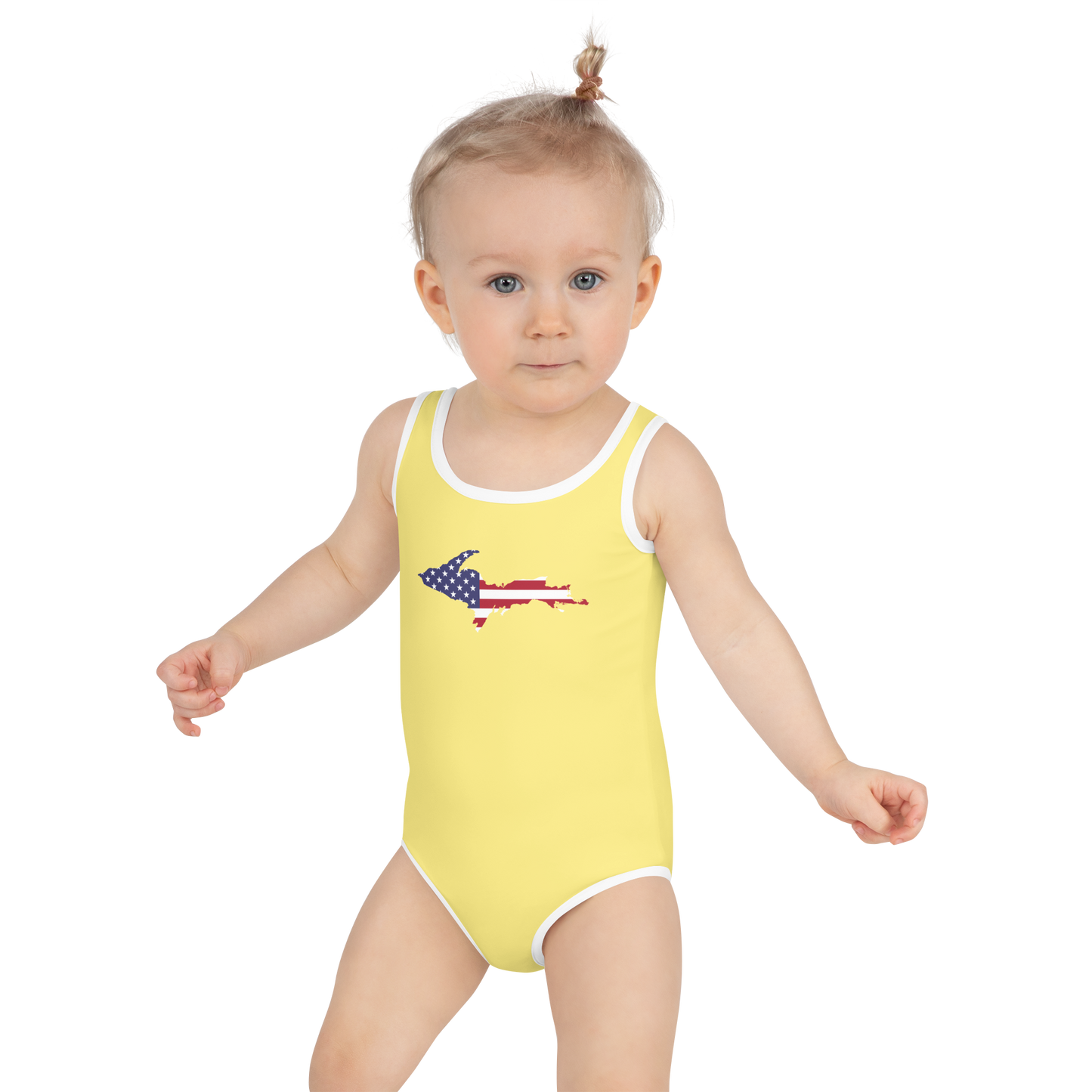 Michigan Upper Peninsula Toddler Swimsuit (w/ UP USA Flag) | Cherry Yellow