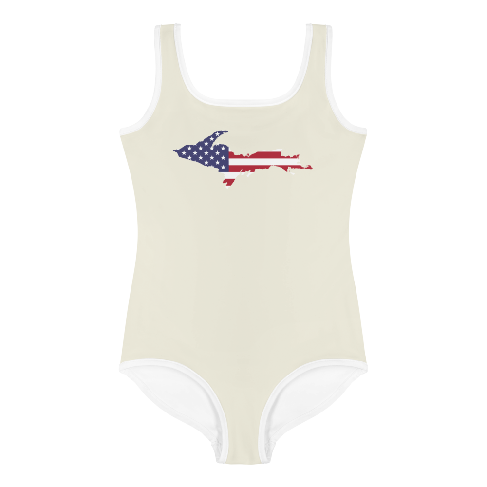 Michigan Upper Peninsula Toddler Swimsuit (w/ UP USA Flag) | Ivory White